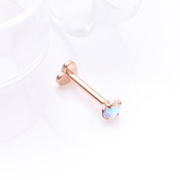 Detail View 1 of Implant Grade Titanium Rose Gold Prong Gem Sparkle Internally Threaded Heart Back Labret-Aurora Borealis